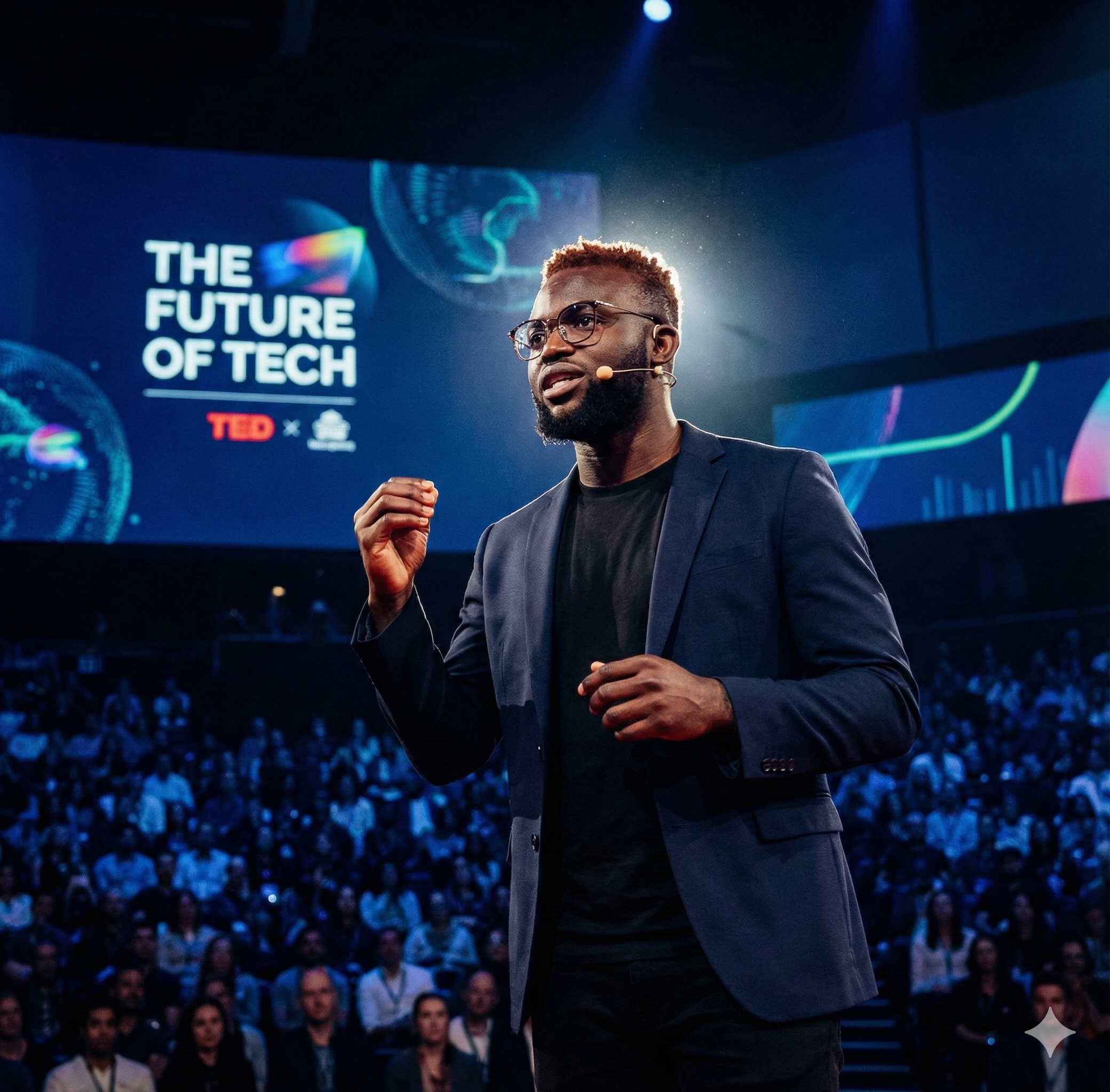 Noah Oloja speaking on stage at the Future of Tech event