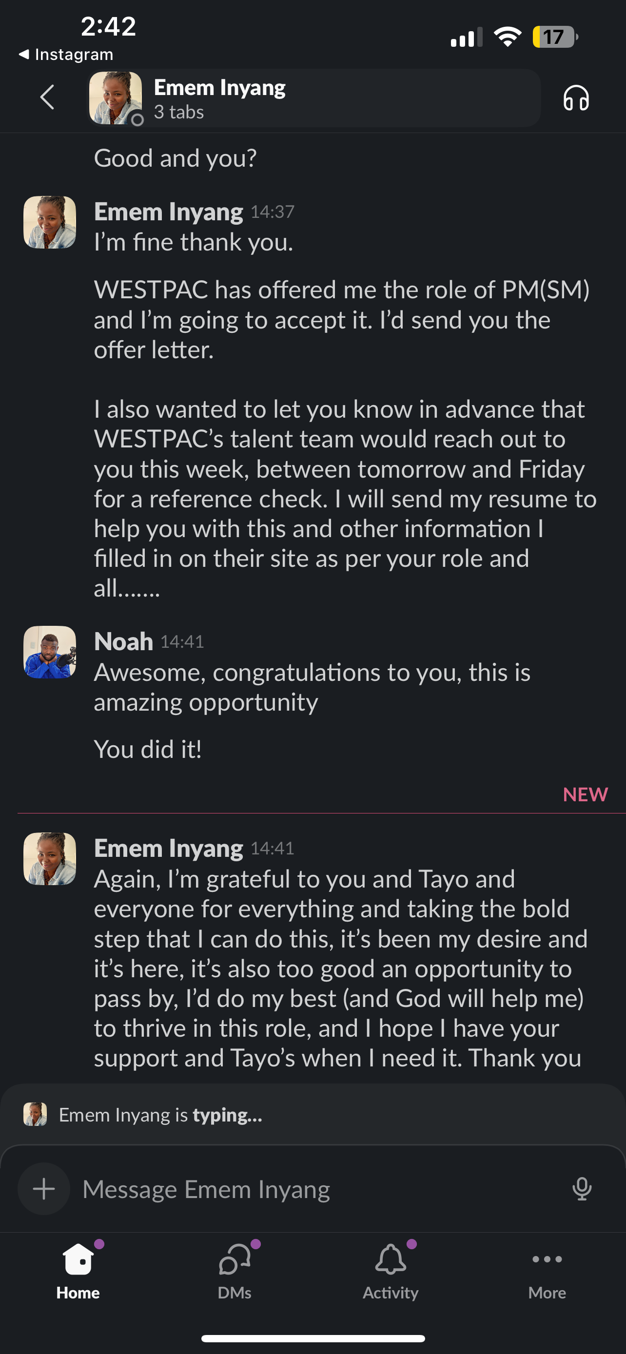 Screenshot of Emem expressing gratitude to Noah and Tayo