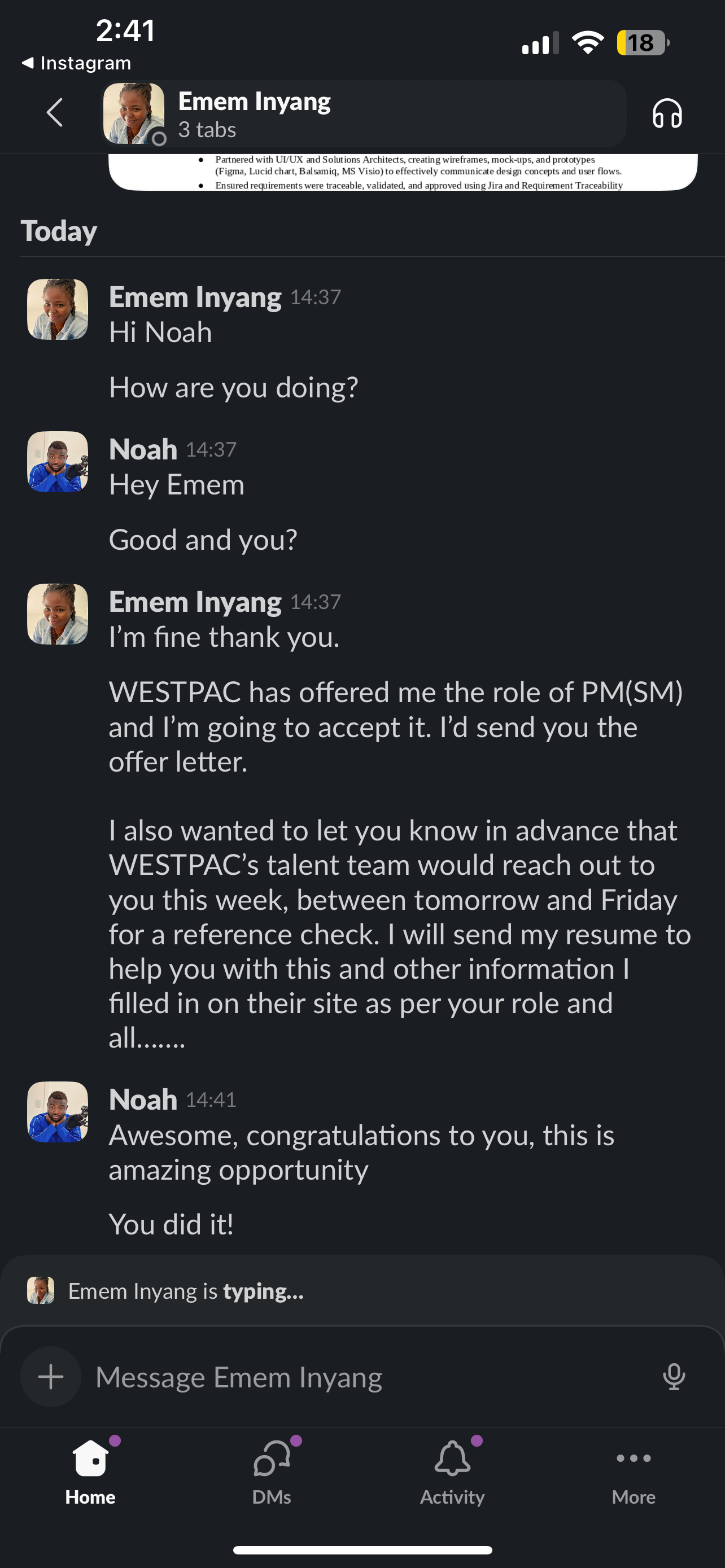 Emem receiving a Westpac offer after learning AI skills