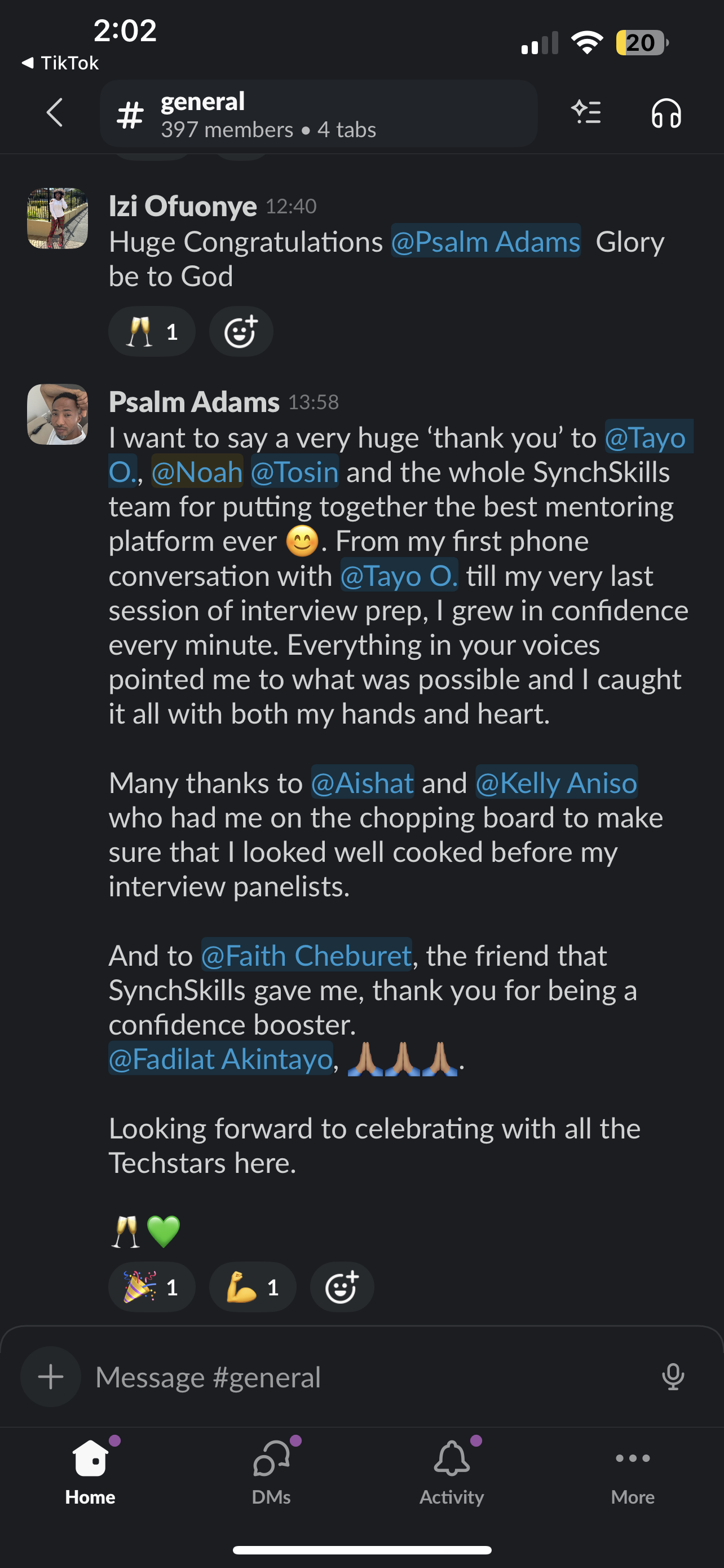 Psalm Adams thanking SyncSkills in Slack